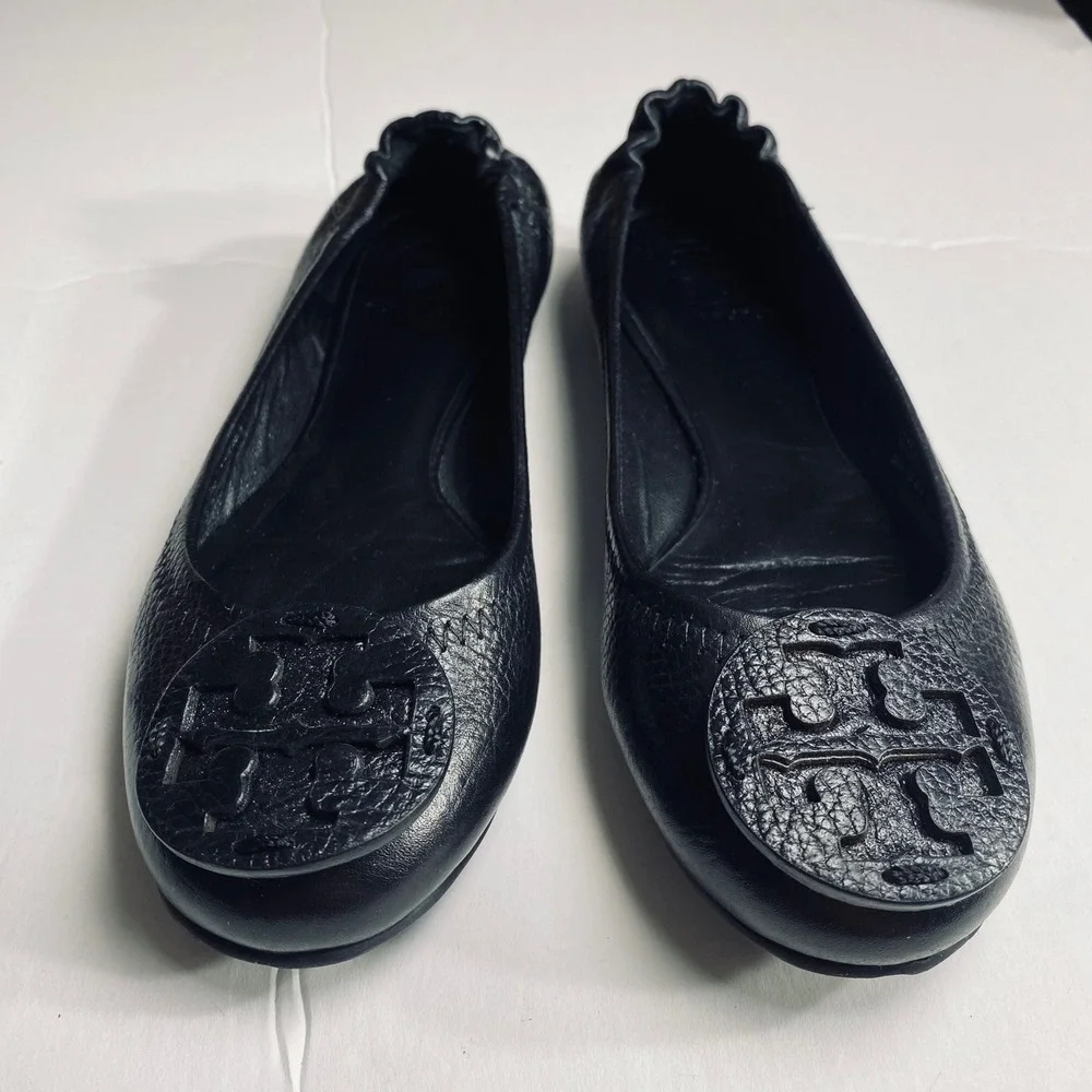 Tory Burch Reva Tumbled Leather Slip On‎ Ballet Flats in Classic Black Size 5.5